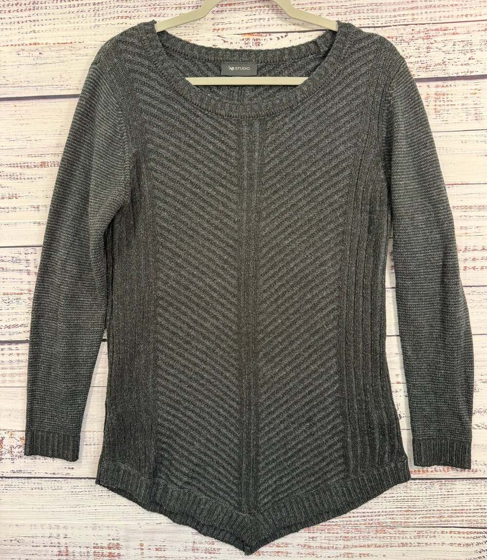 AB Studio Womens Chevron Rib Knit Tunic Sweater M Black Charcoal Pointed Hem